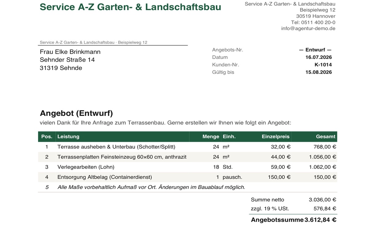 PDF with your own letterhead, one click to send — Screenshot