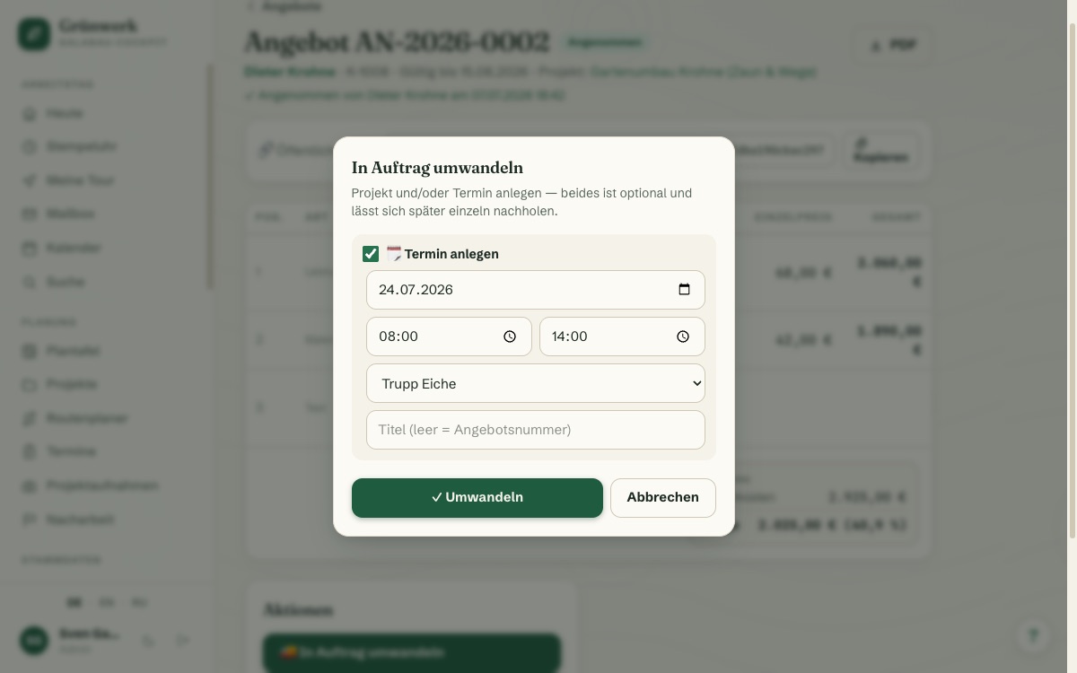 Accepted? One click becomes an appointment, project or invoice — Screenshot
