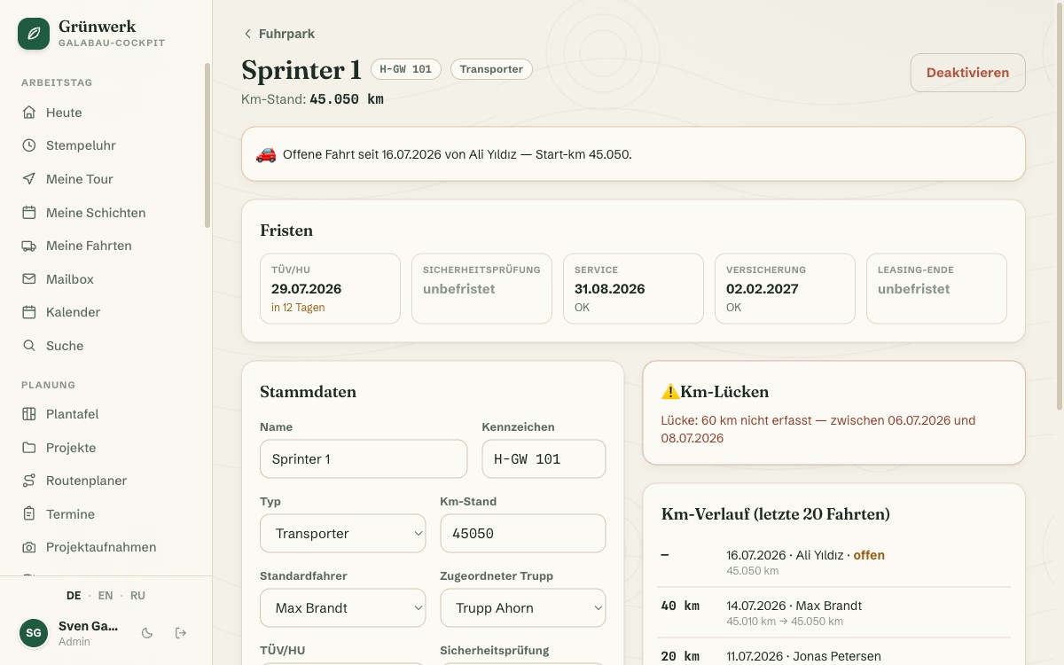 The Vehicle File: Deadlines, Mileage History and Gaps at a Glance — Screenshot