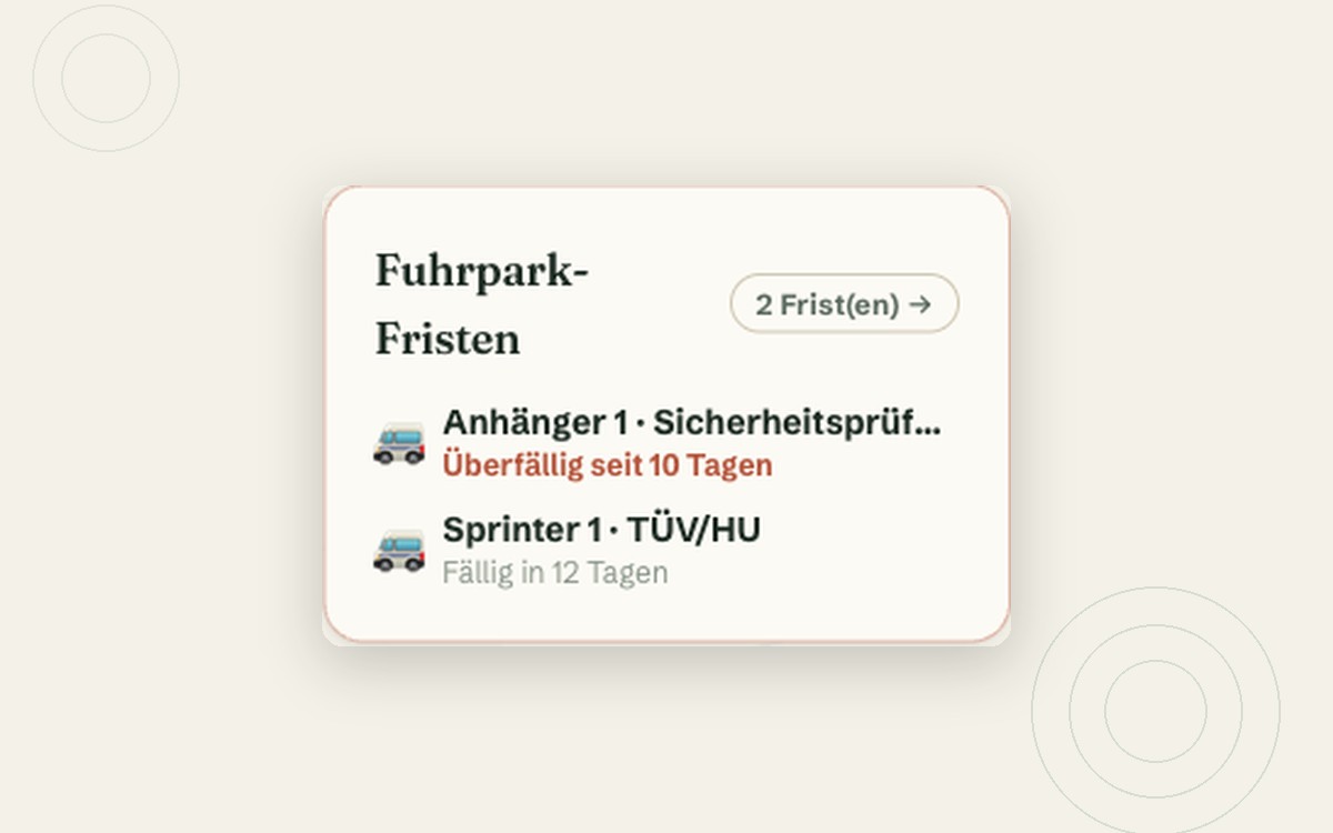 Due Deadlines on the Dashboard, the Vehicle Right at the Tour Header — Screenshot