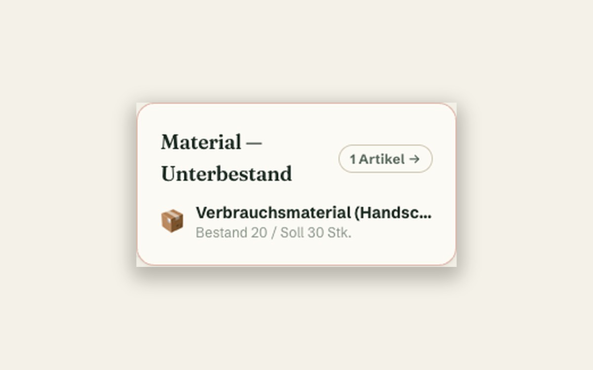 Low Stock on the Dashboard, Material in the Actual-Cost View — Screenshot