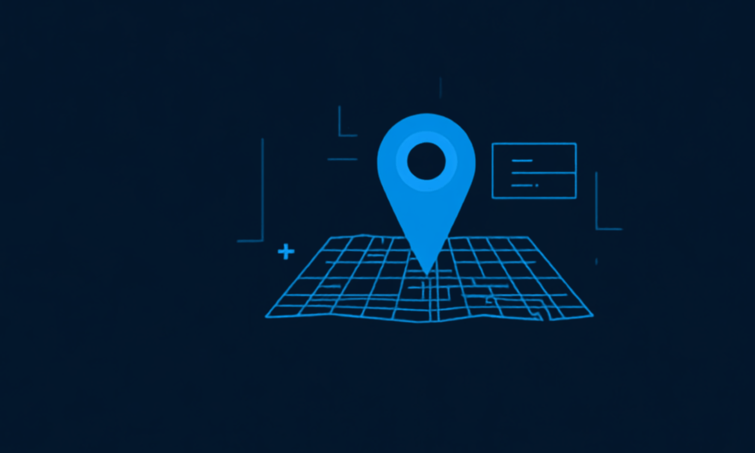 Stylised map section with a highlighted location marker and an info card representing a business listing