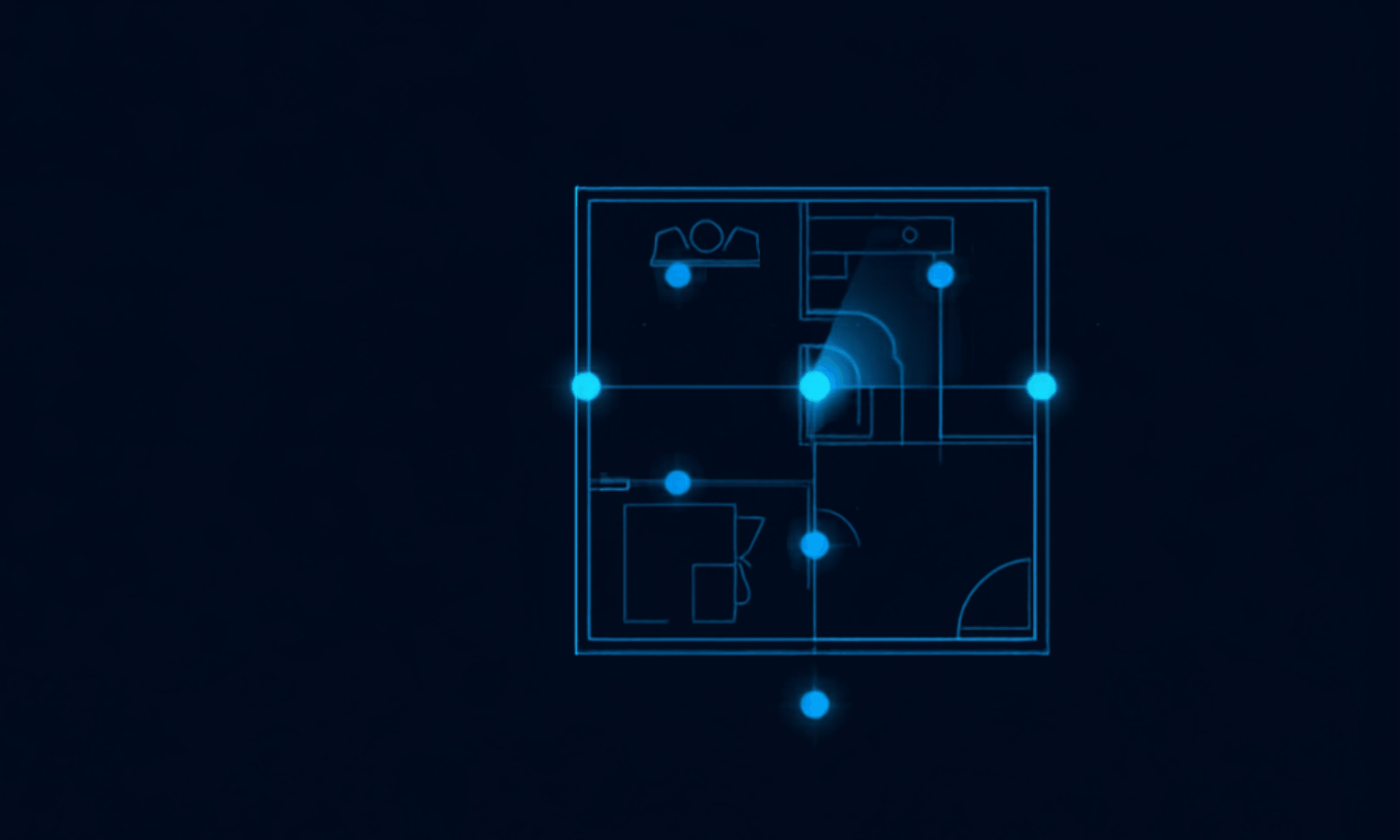 Schematic floor plan with four marked 360° capture points and the field of view of one camera position