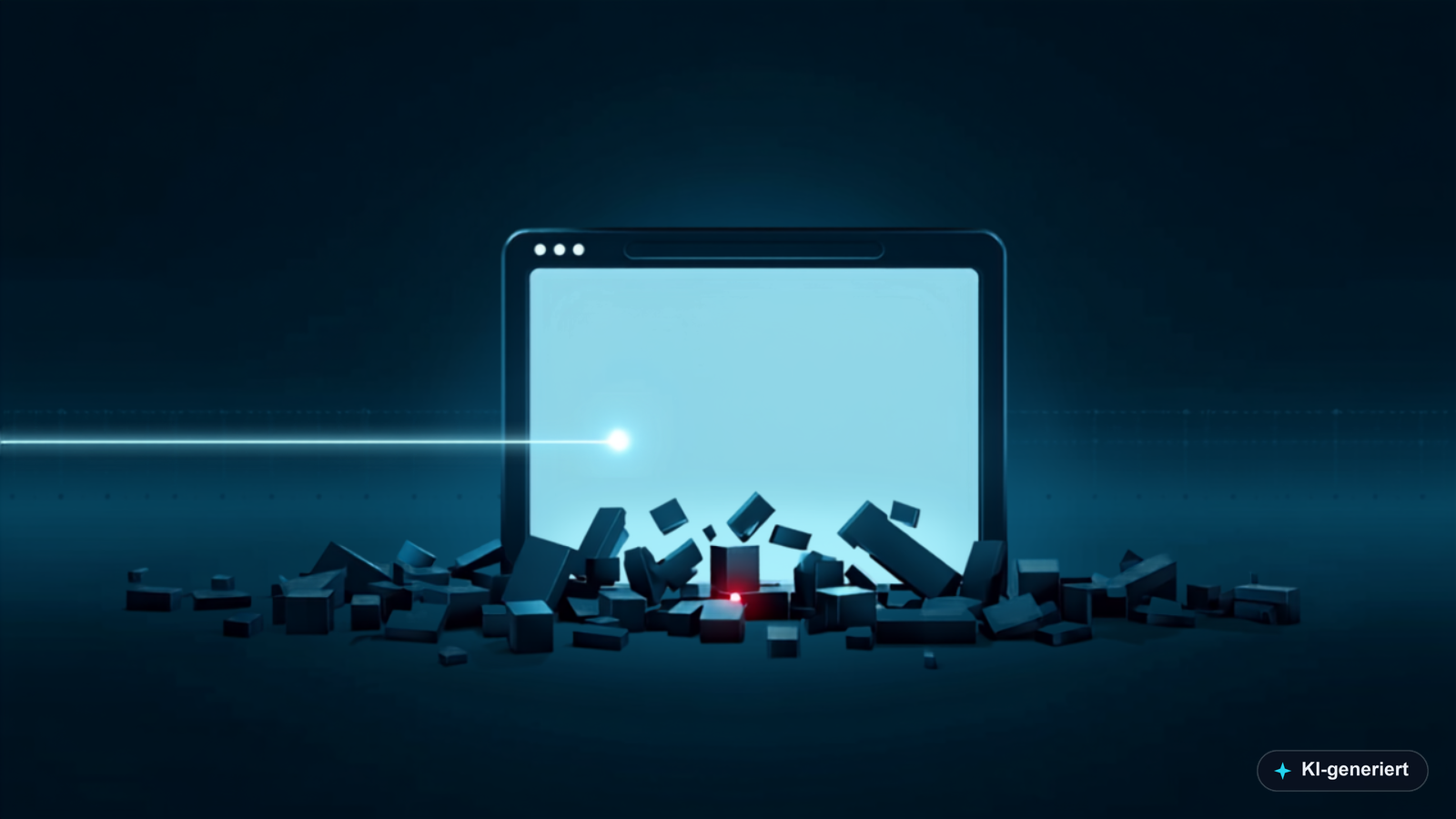 Dark browser frame with an empty, brightly lit page; in front of it a heap of collapsed layout blocks with a red warning dot, a cyan diagnostic line running in from the left