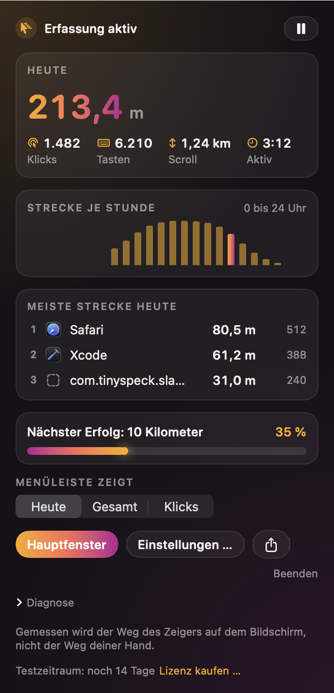 Geöffnetes Mausmeter-Panel aus der Menüleiste mit Tageswert, Verlauf über den Tag und App-Ranking