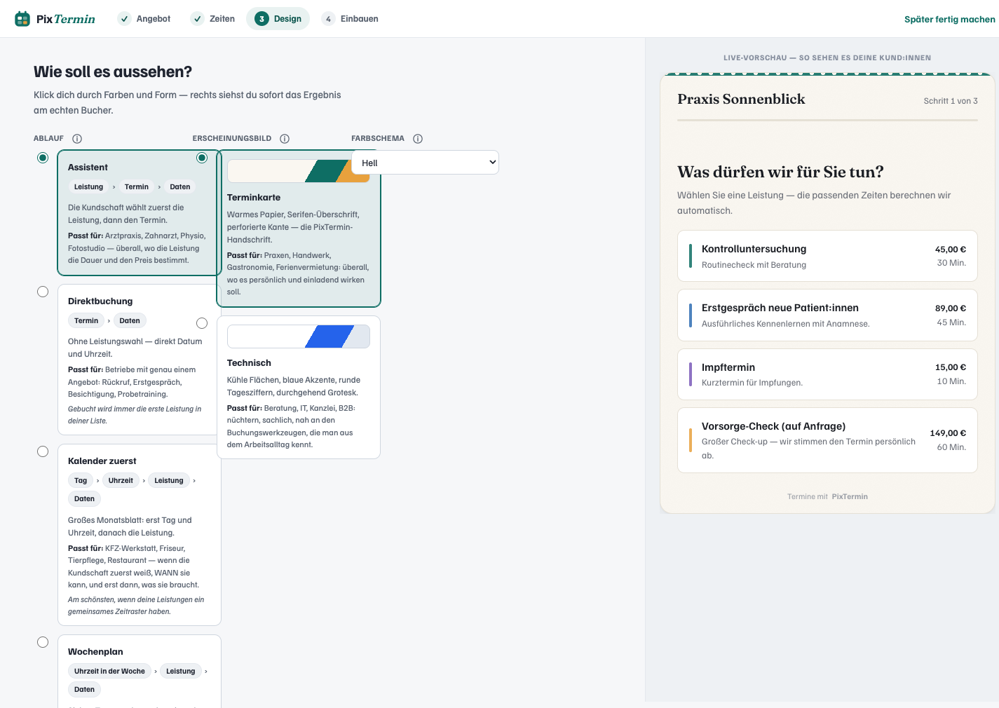 Setup assistant with flow selection and live preview