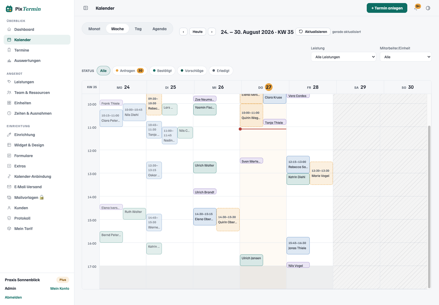 Weekly calendar view with coloured appointments and status filters