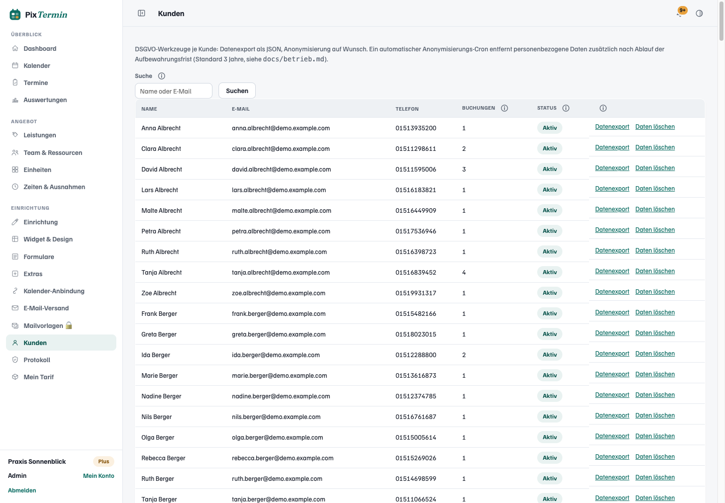 Customer list with data export and deletion