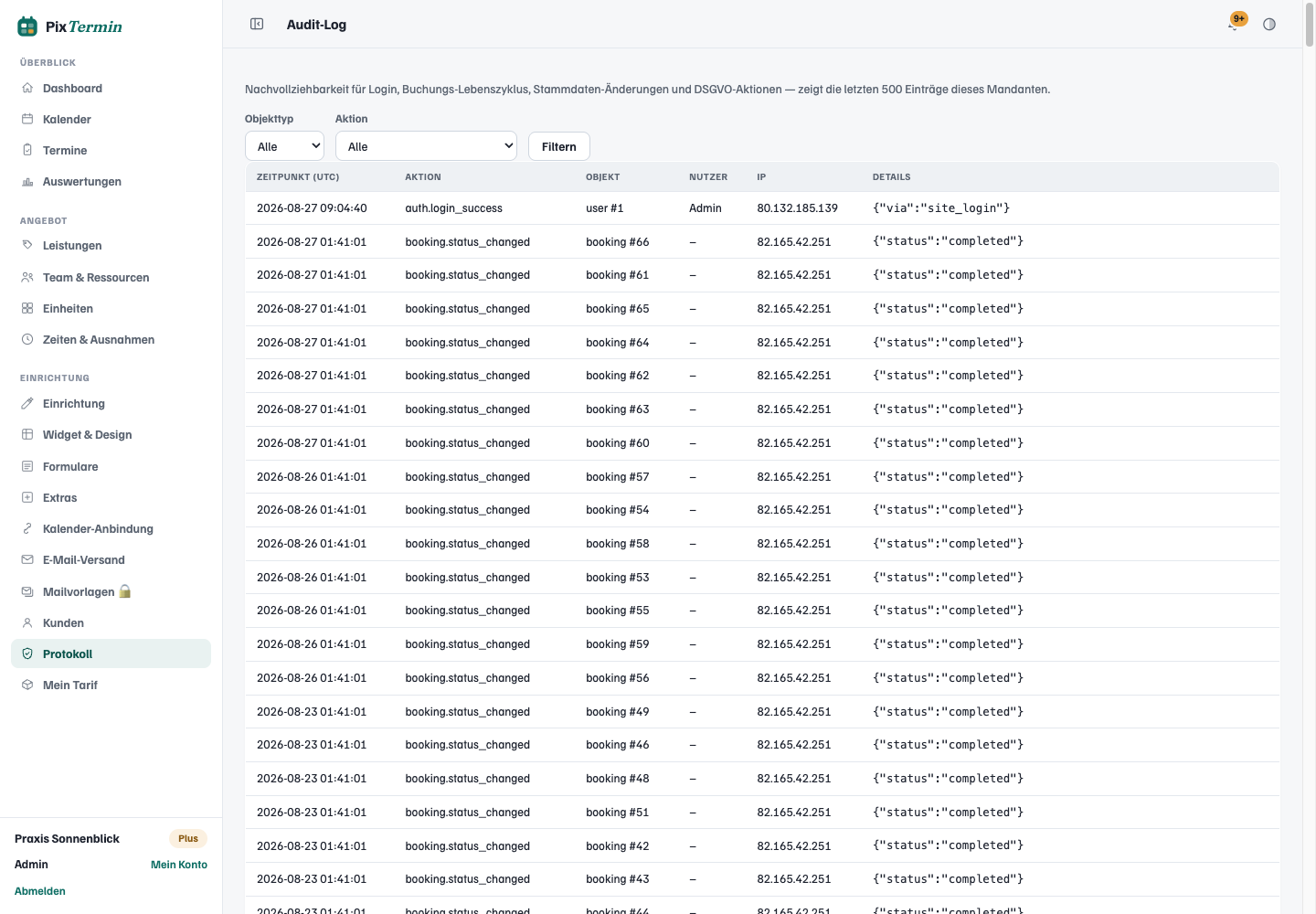 Audit log with sign-ins, status changes and deletions