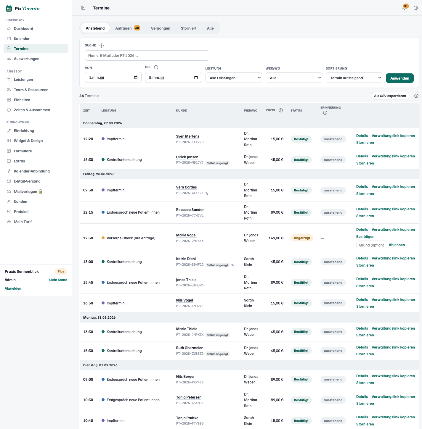 Appointment list with search, filters, statuses and per-appointment actions