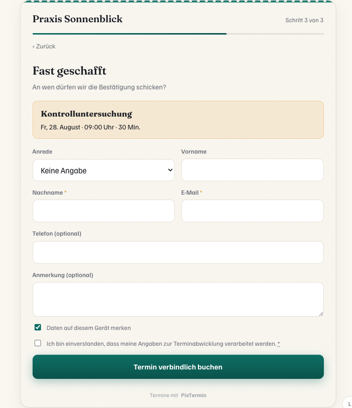 Booking widget step 3: contact details and binding booking