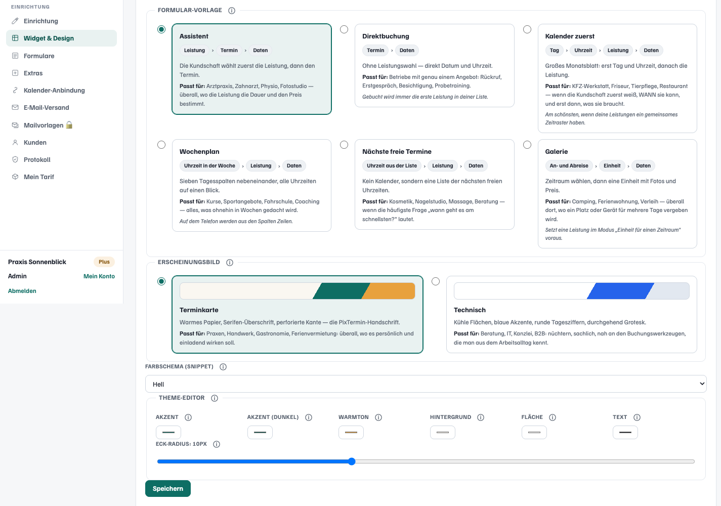 Admin: choosing the form template, the look and the colours