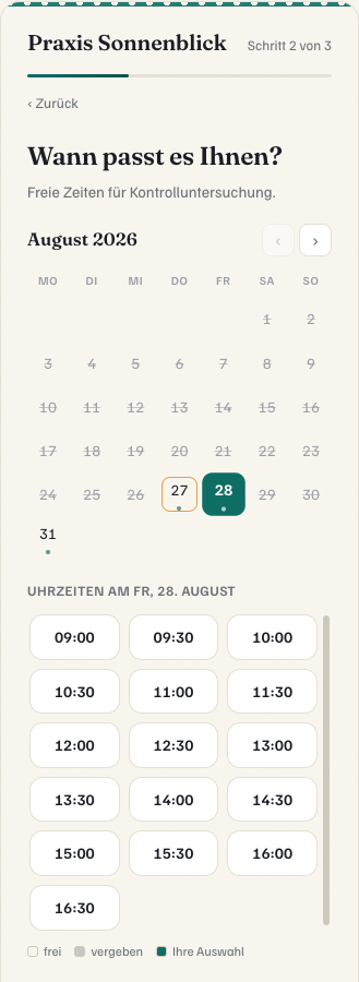 Booking widget on a smartphone showing the calendar