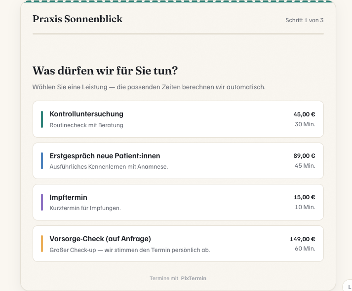 Booking widget step 1: choosing a service with price and duration