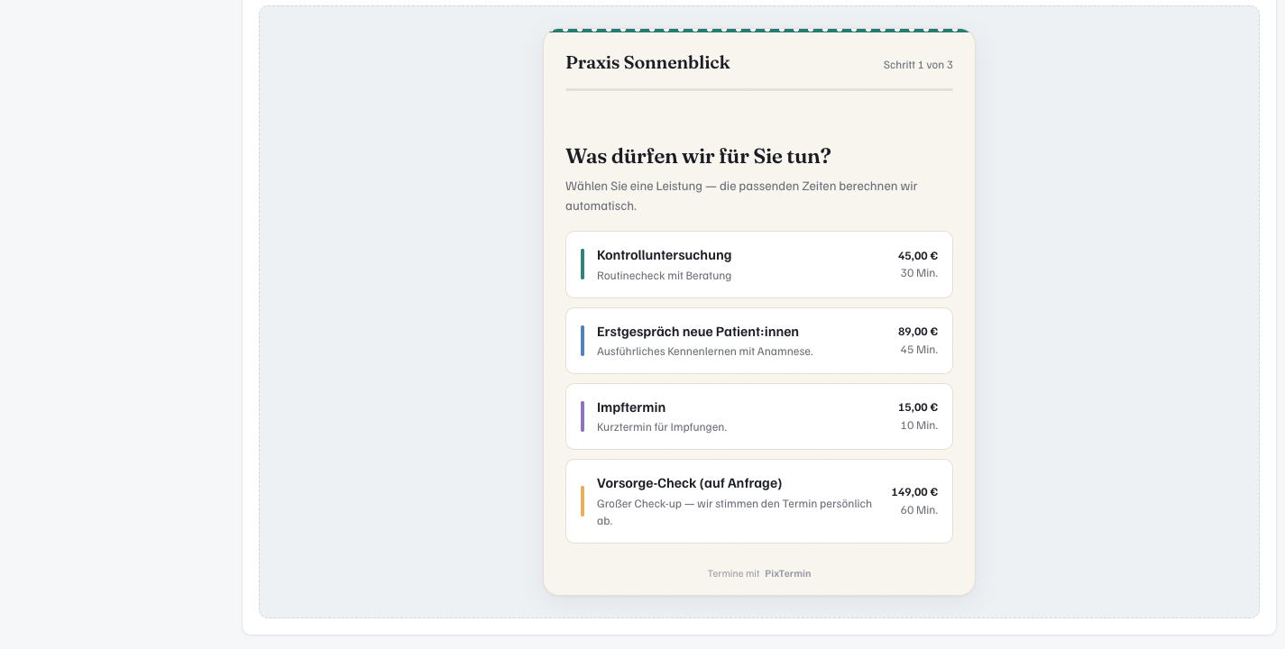 Live preview of the booking widget inside the admin