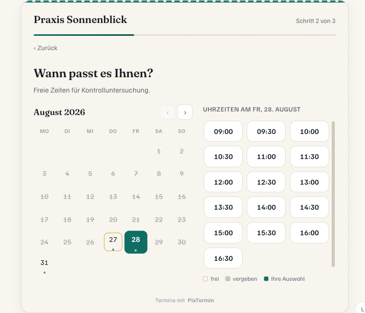 Booking widget on a website: calendar with free days and the times for the selected day