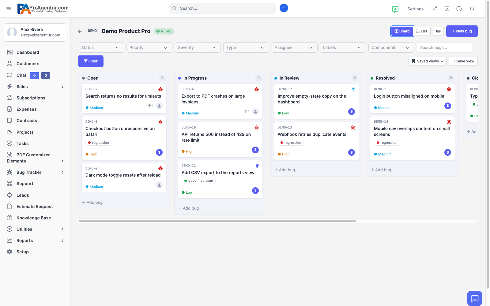 The BugTracker Kanban board inside Perfex CRM