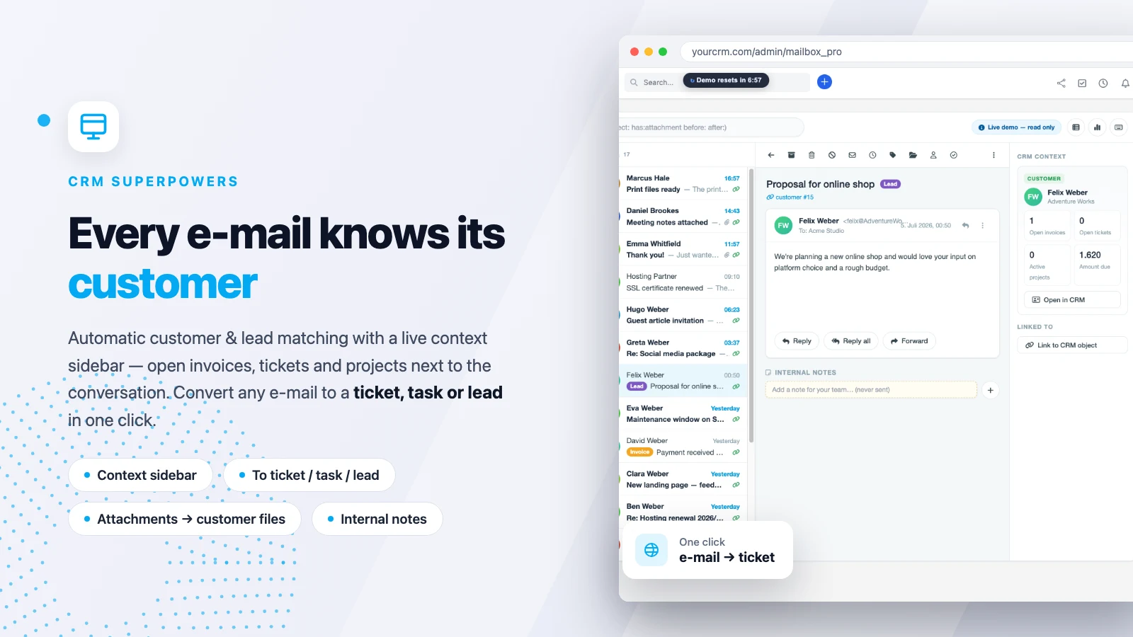 Mailbox Pro inbox with CRM sidebar in Perfex CRM
