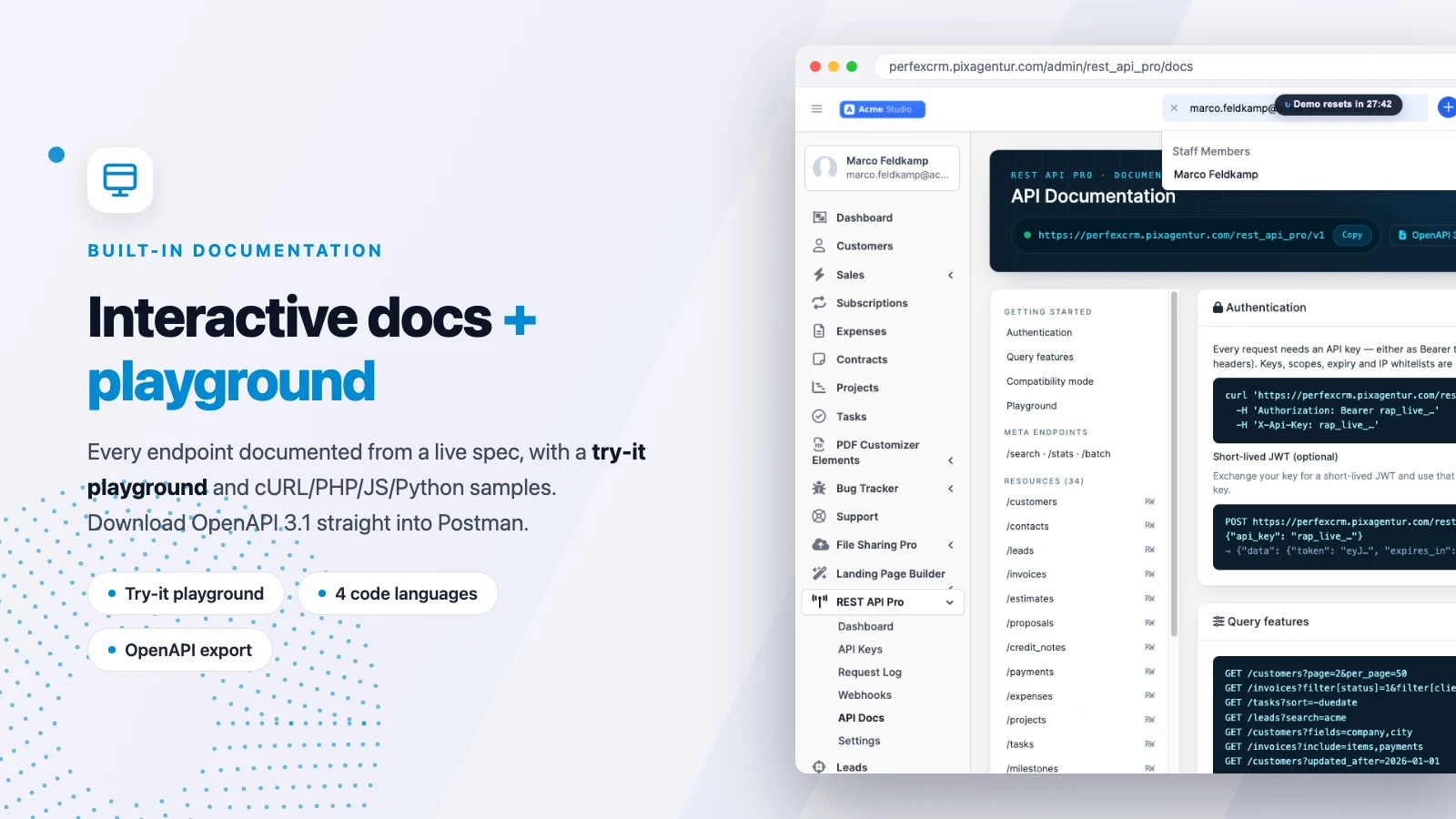 REST API Pro — OpenAPI documentation and playground in Perfex CRM