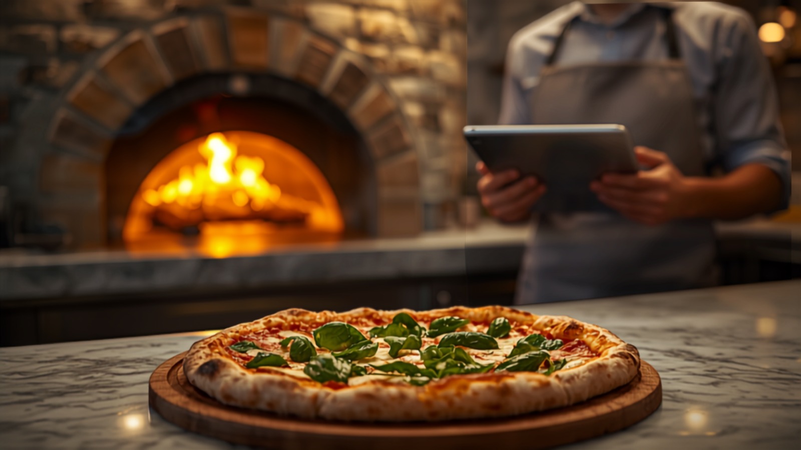 Pizza chef at a stone oven checking an incoming online order on a tablet