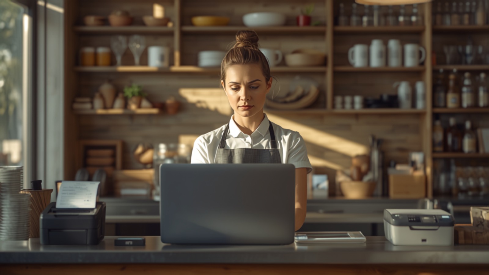 Restaurant owner at the counter reviewing orders from her own delivery shop on a laptop