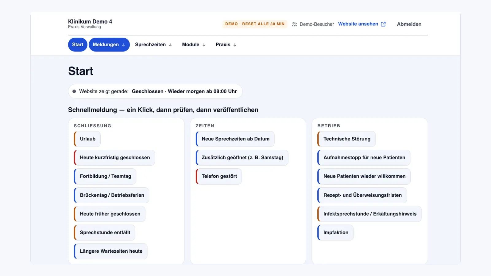 Startseite der Praxis-Verwaltung mit Schnellmeldungen, Statusanzeige und den Bereichen Meldungen, Sprechzeiten und Module