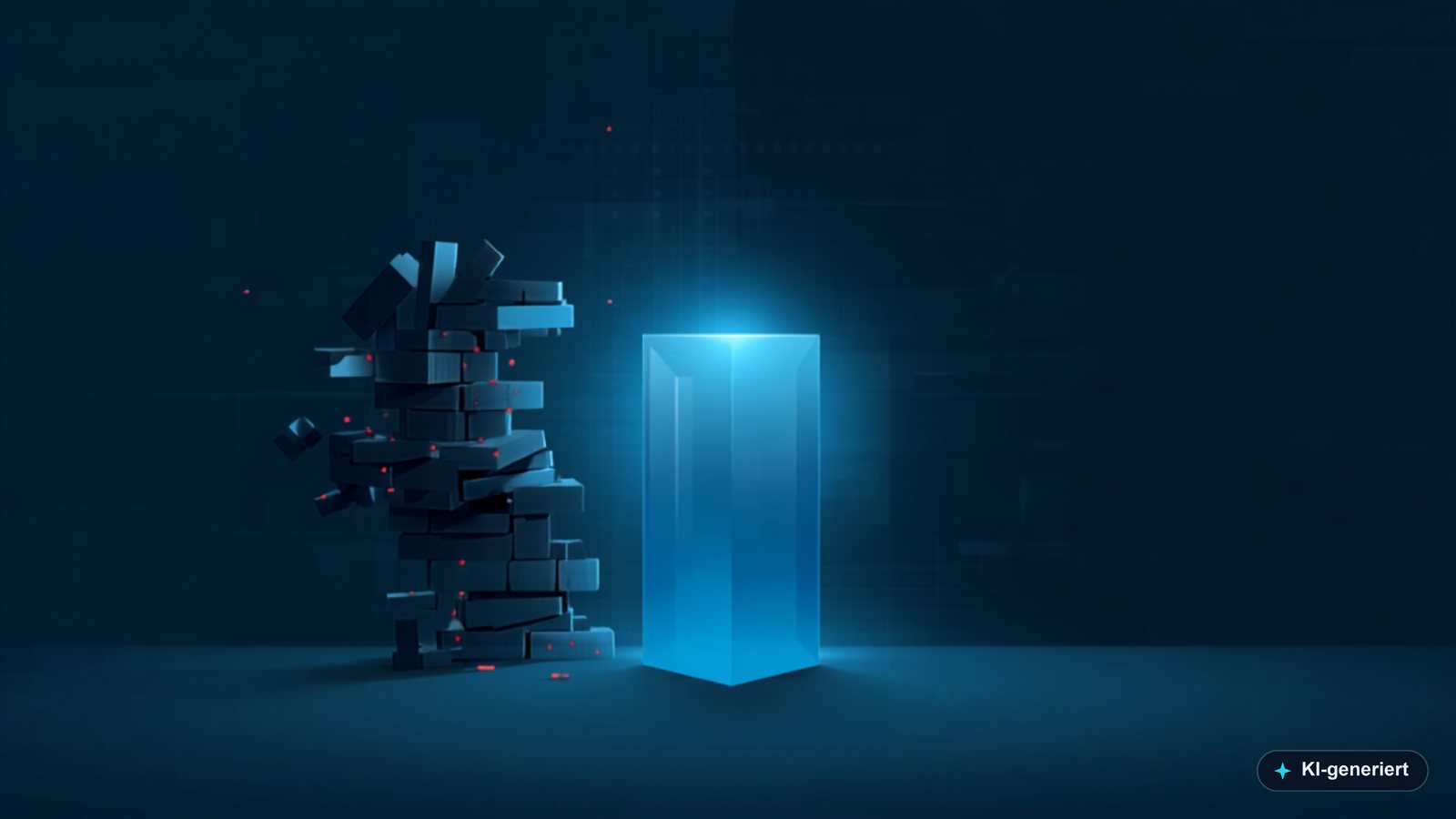 A wobbly tower of many stacked blocks next to a single, calmly glowing monolith