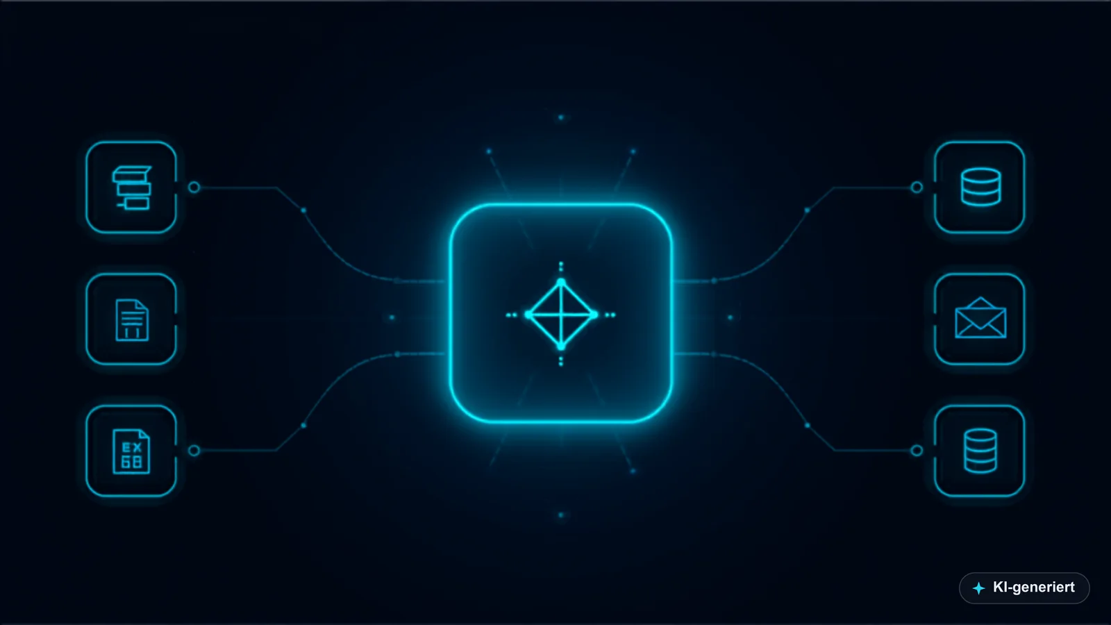 A central system in the middle, connected by thin glowing lines to icons for inventory, invoicing, database and email