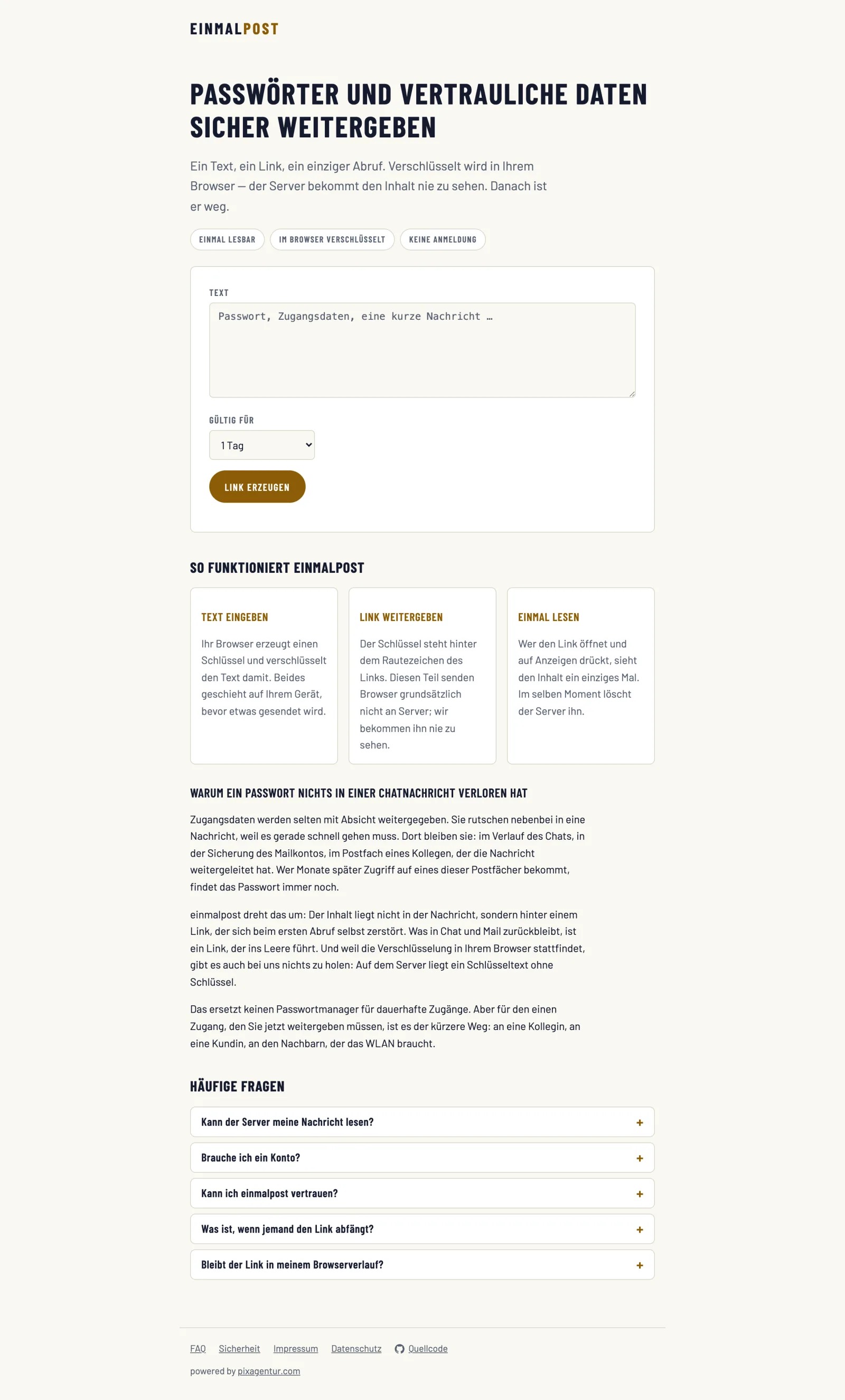 Screenshot der Website einmalpost.de