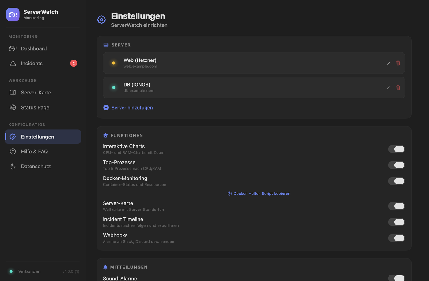 Settings in ServerWatch with threshold sliders and webhook management for Slack, Discord, Telegram and PagerDuty