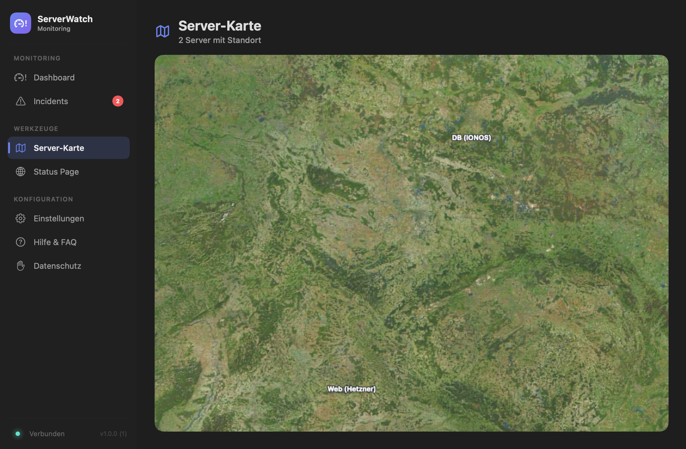 World map in ServerWatch with servers shown as pins, green for online, red for offline