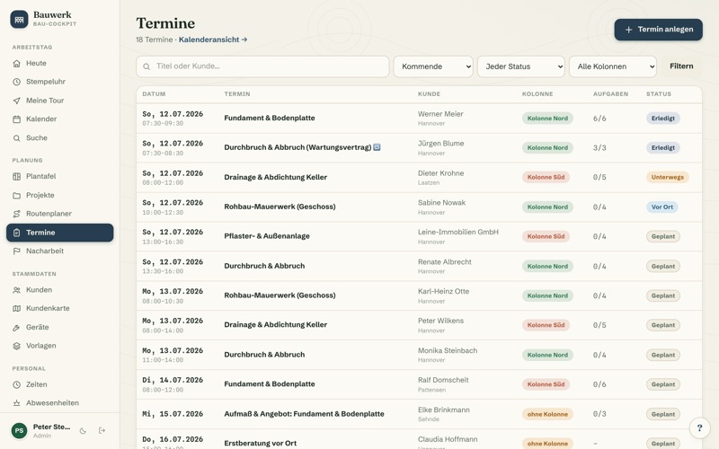 Appointments with construction checklists