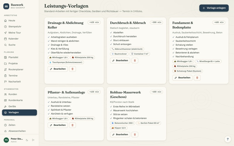 Service templates with checklist, equipment & prices