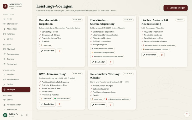 Service templates with checklist, equipment & per-unit prices