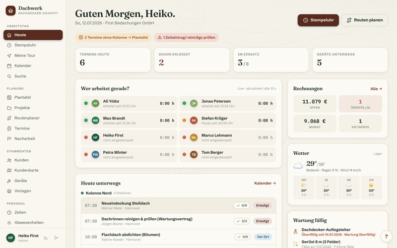 Dashboard: live board, weather & invoices