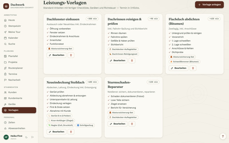 Service templates with checklist, tools & prices