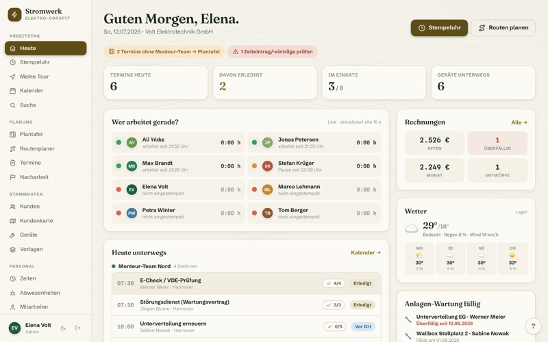 Dashboard: live board, due inspections & invoices
