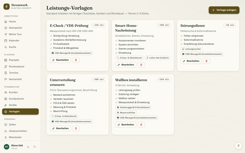 Service templates with checklist, tools & prices