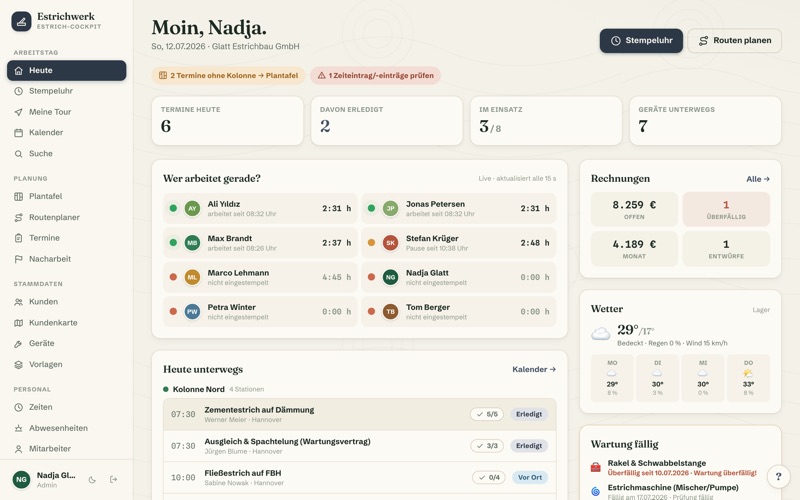 Dashboard: live board, invoices & maintenance warning
