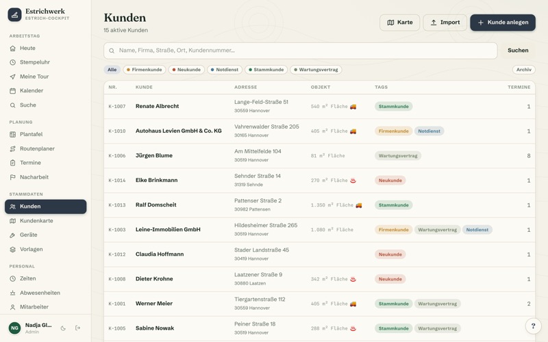 Customer list with tags & search