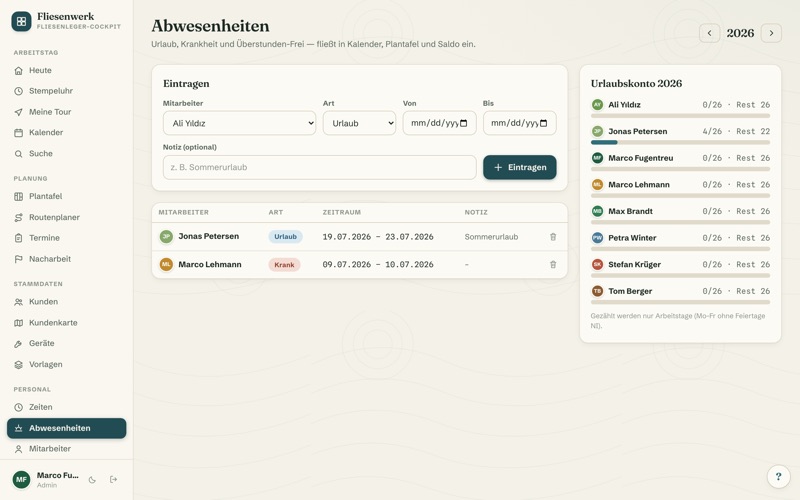 Absences & holiday account