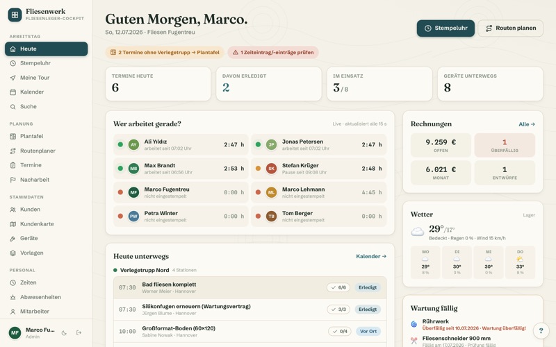 Dashboard: live board & invoices