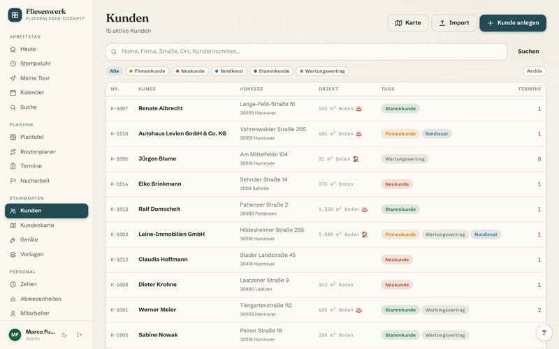 Customer list with tags & search