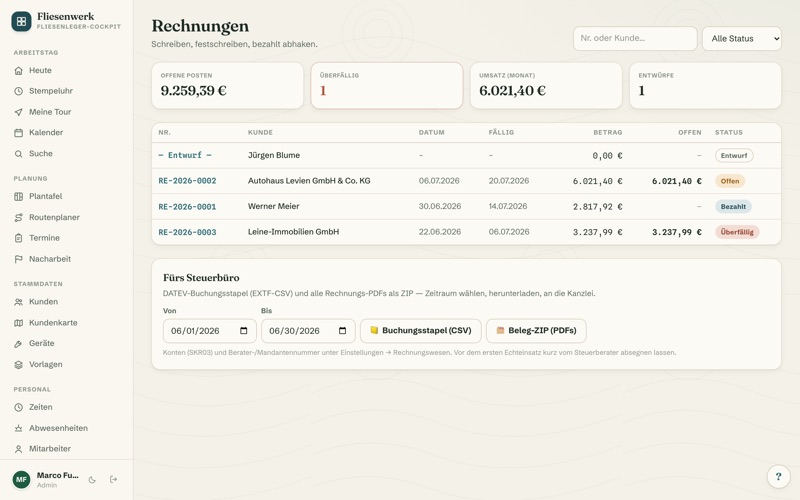 Invoices: open items, status & DATEV export