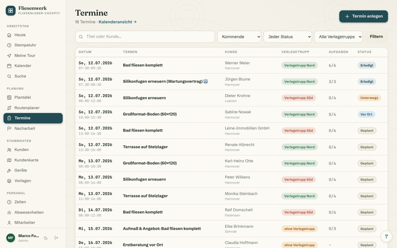 Appointments with tiling checklists