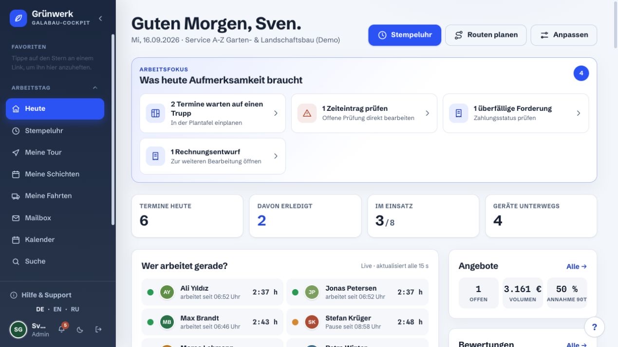 Grünwerk GaLaBau-Software — aktuelles Dashboard mit Arbeitsfokus und Teamstatus