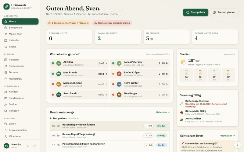 Dashboard: live board, weather & daily overview
