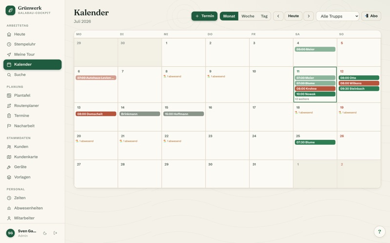 Calendar with crew colours