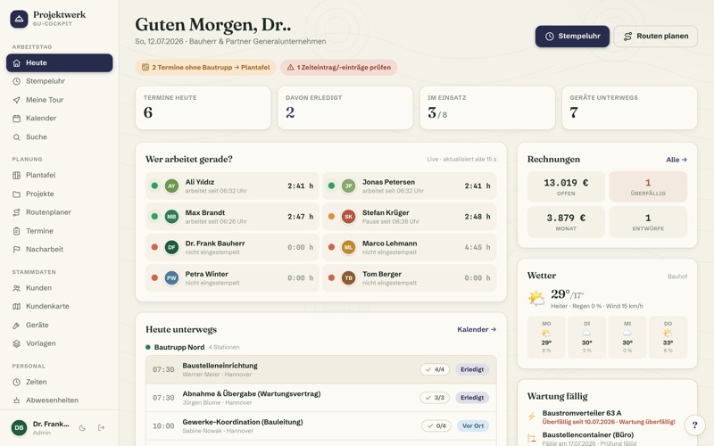 Dashboard: live board, weather & invoices