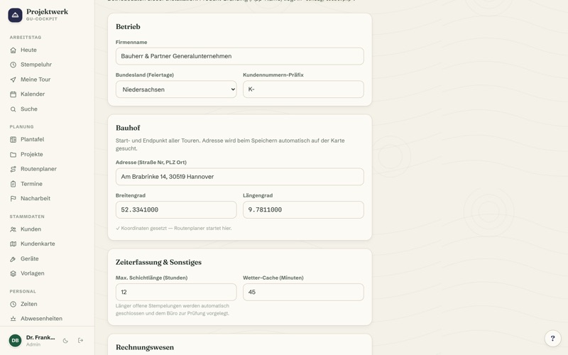 Settings & company data